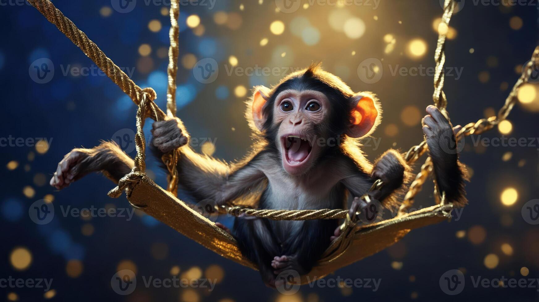 A playful monkey swings joyfully on a rope, surrounded by a magical, sparkling backdrop. photo