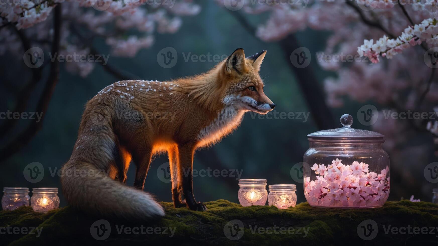 A serene fox stands beside a jar of cherry blossoms, illuminated by soft candlelight. photo