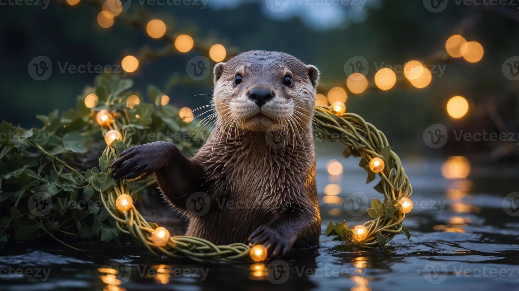A playful otter poses with a decorative wreath in a serene water setting adorned with lights. photo