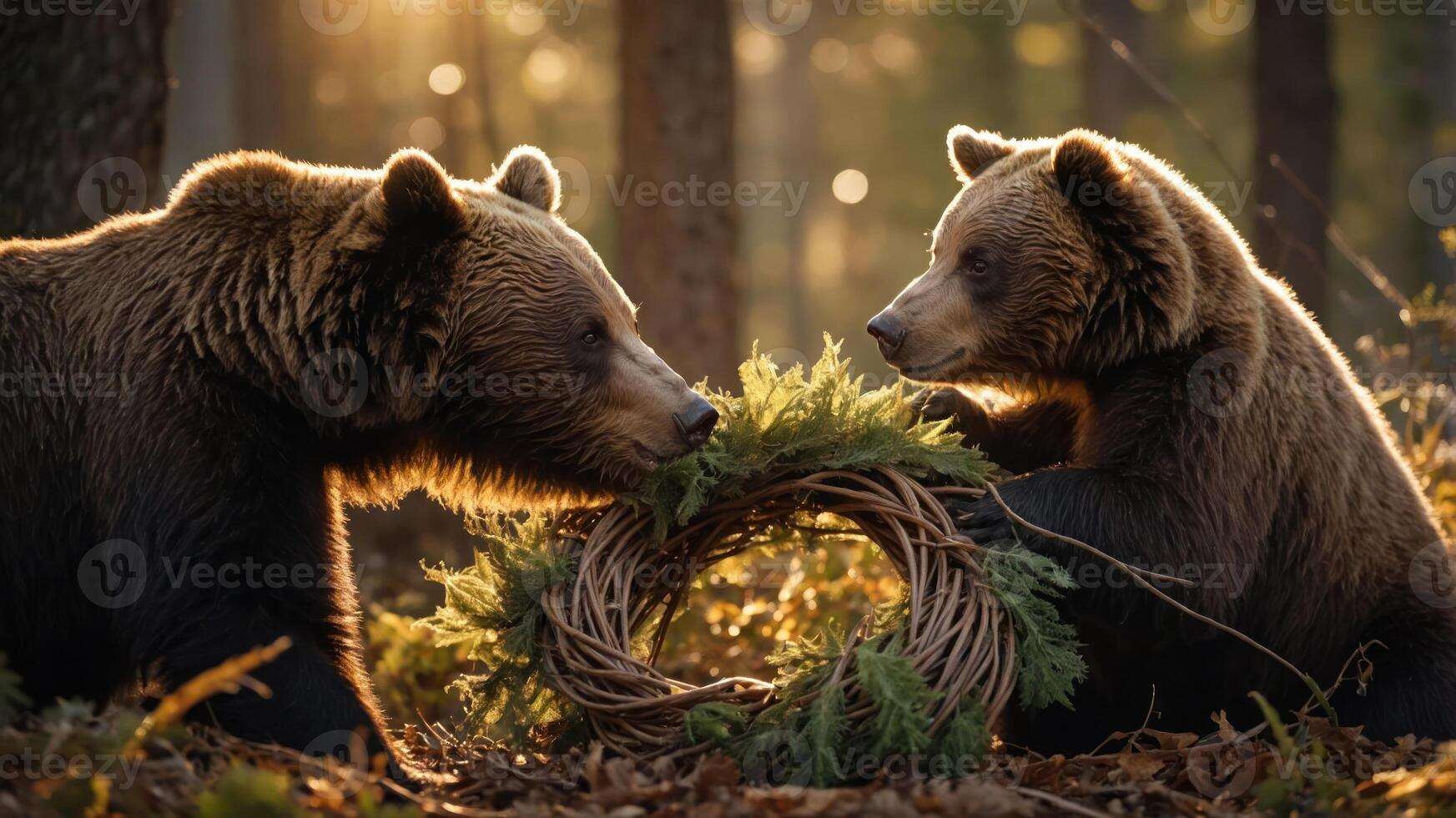 Two bears interact playfully with a wreath in a sunlit forest setting. photo