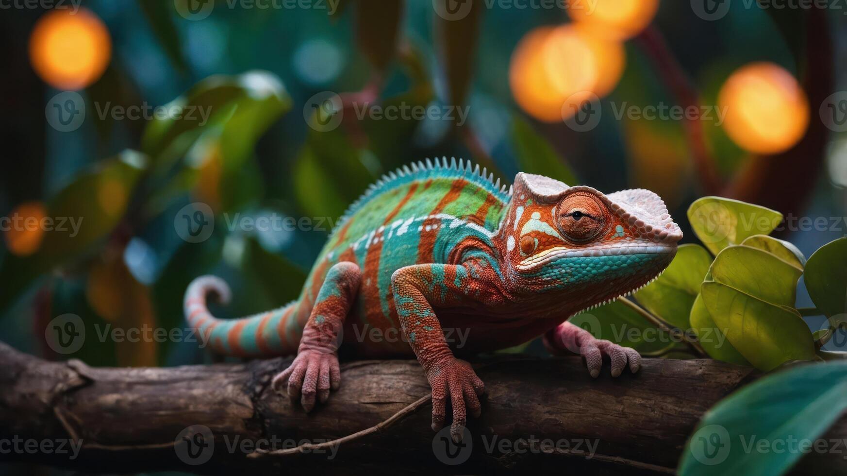 A vibrant chameleon resting on a branch amidst lush greenery and soft lighting. photo