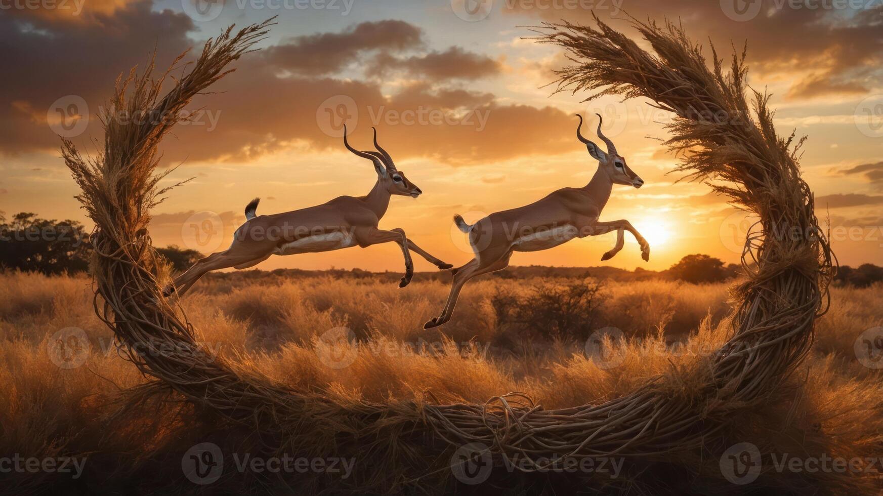 Two antelopes leap through a natural arch against a vibrant sunset backdrop. photo