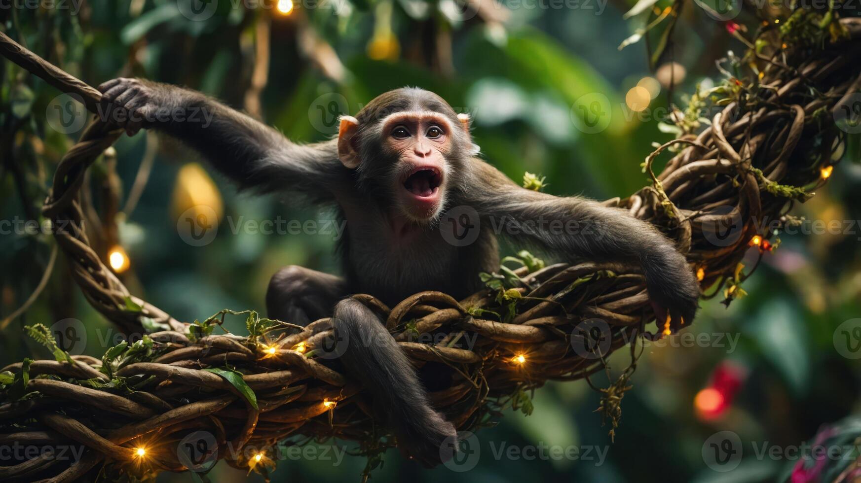 A playful monkey hangs on a vine amidst lush greenery and twinkling lights. photo