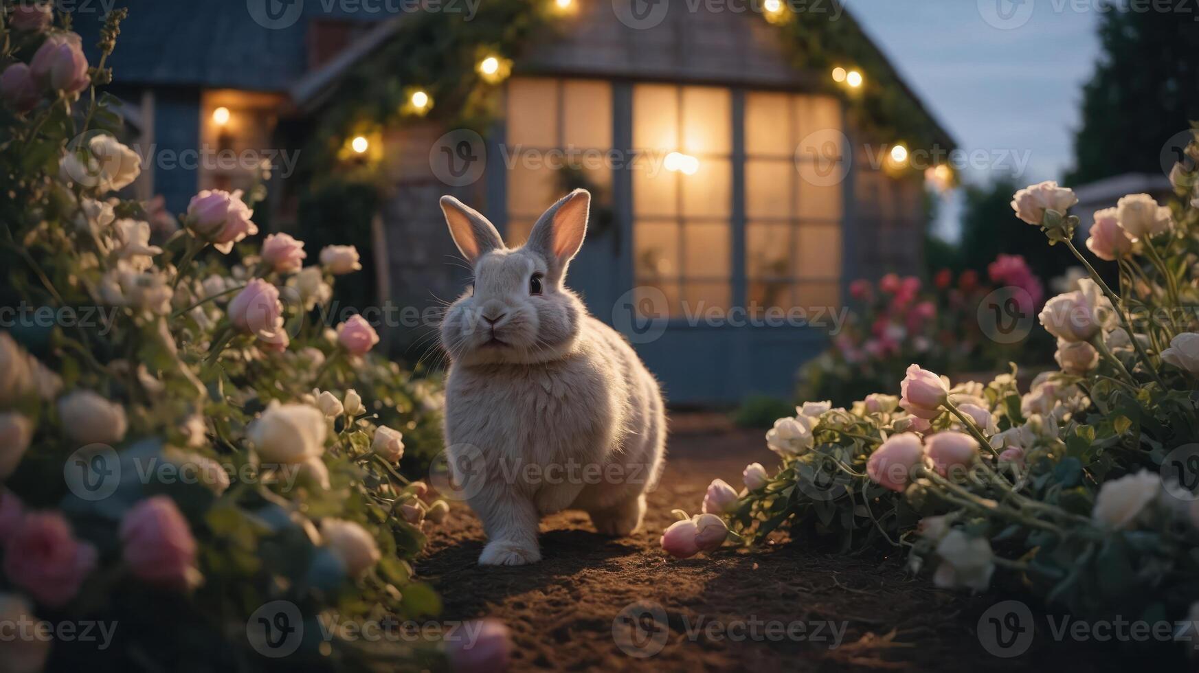 A serene rabbit walks through a flower garden at dusk, illuminated by soft lights. photo
