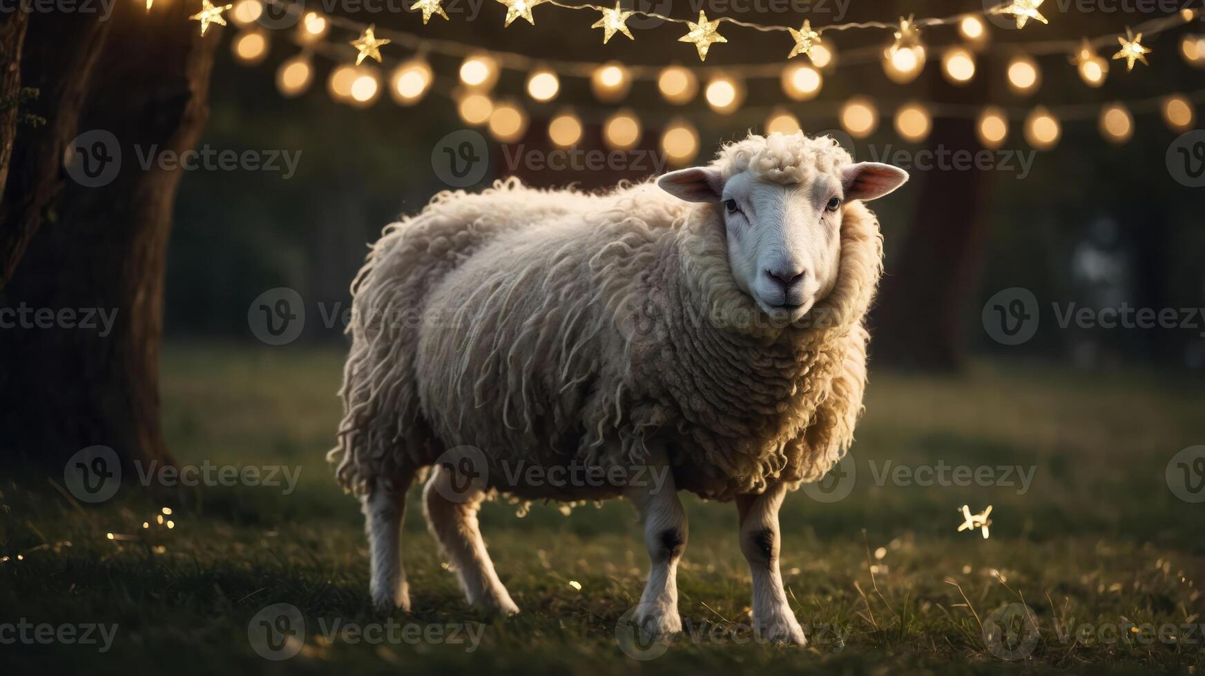 A sheep stands in a softly lit outdoor setting adorned with glowing star-shaped lights. photo