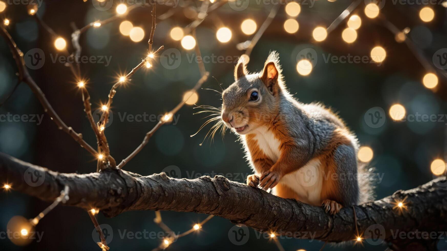 A squirrel perched on a branch surrounded by twinkling lights in a serene setting. photo