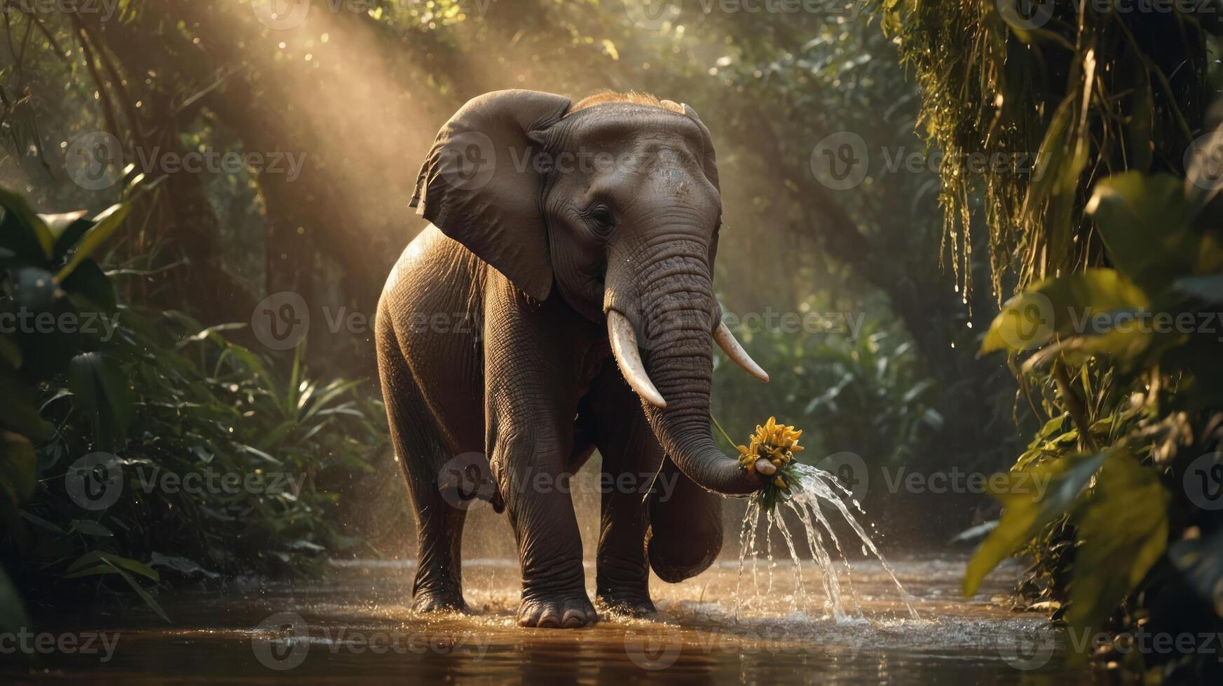 An elephant walking through a lush jungle, holding a flower, with sunlight filtering through trees. photo