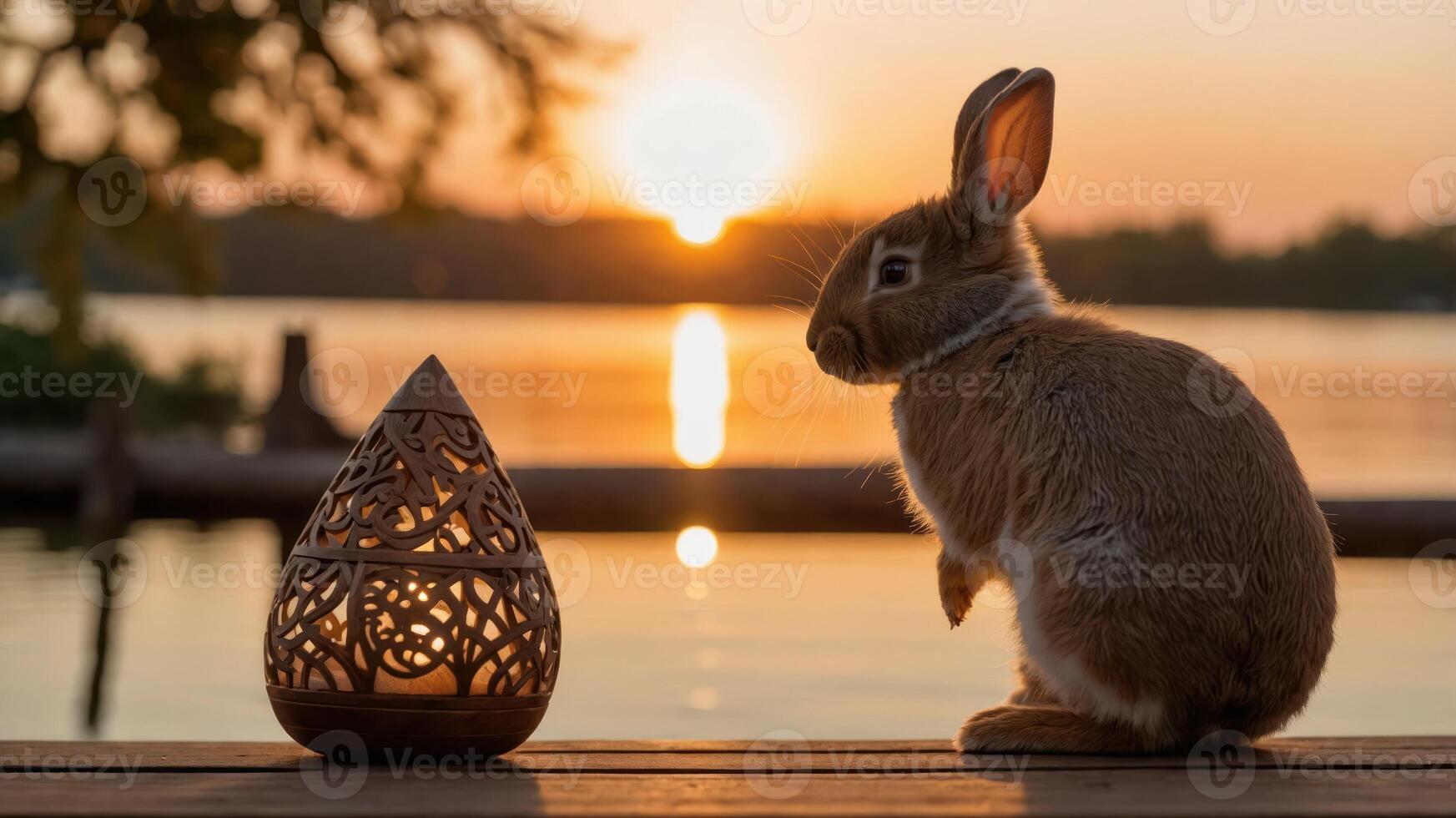 A rabbit sits beside a decorative lantern at sunset by a serene lake. photo