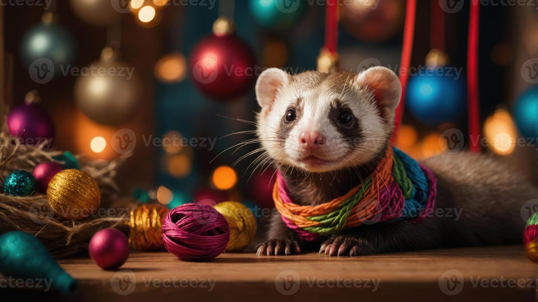 A ferret adorned with colorful decorations, set against a festive backdrop of lights and ornaments. photo