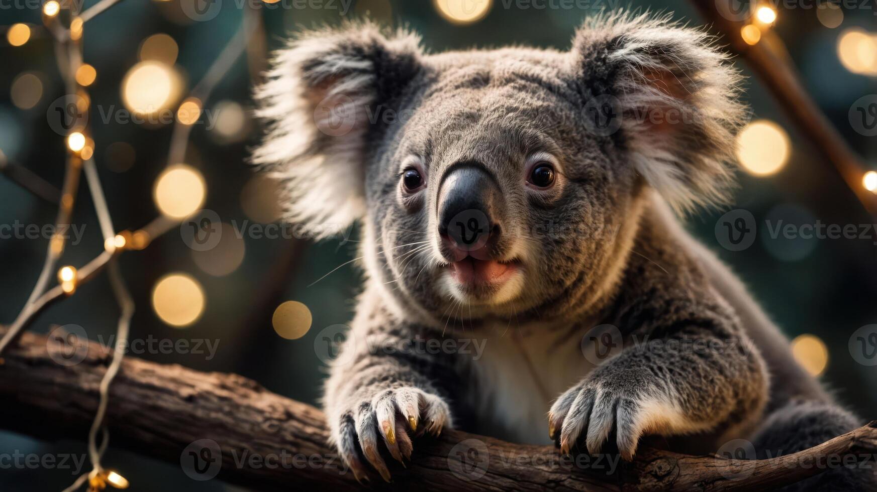 A close-up of a koala on a branch with blurred lights in the background. photo