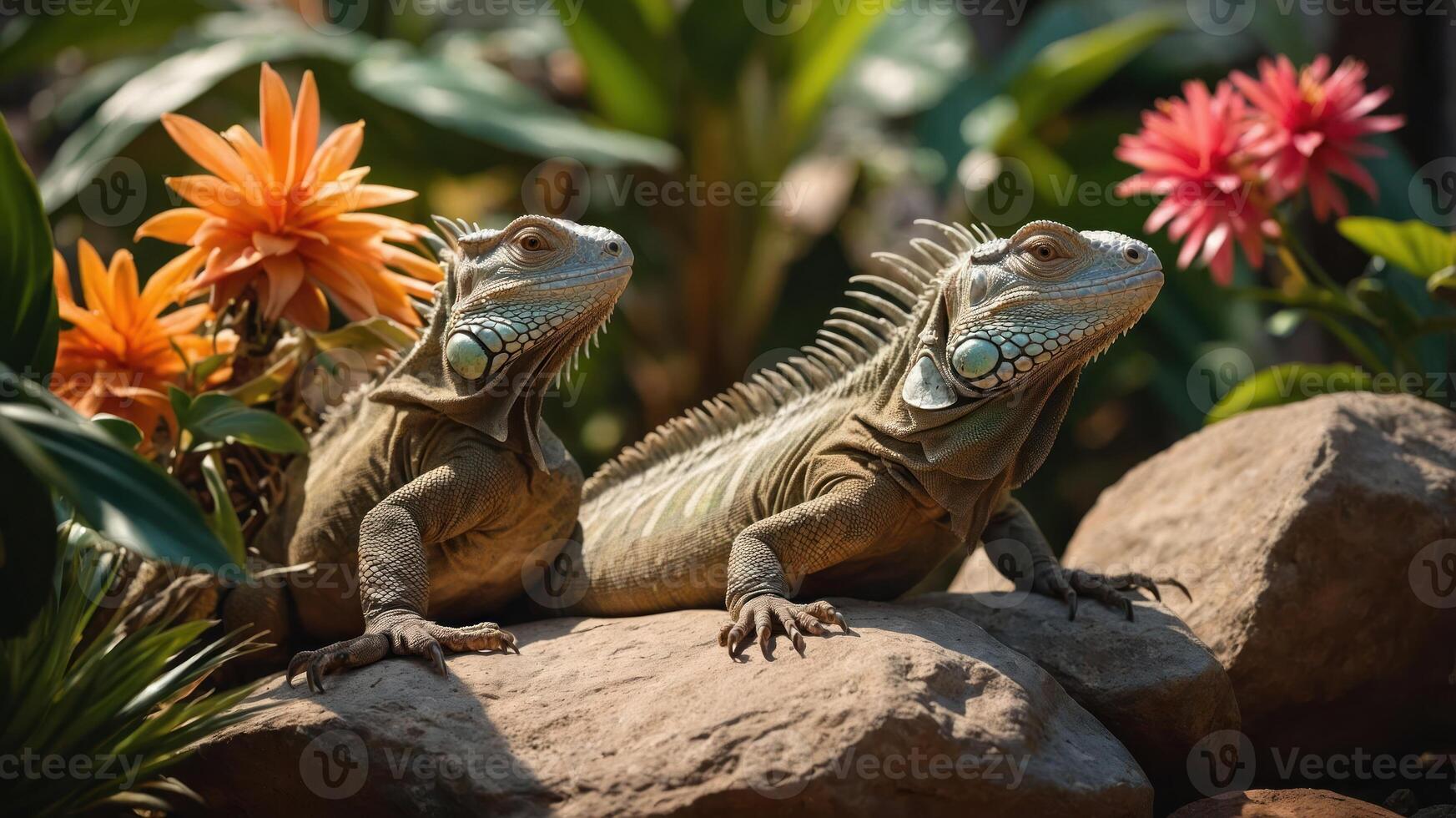 Two iguanas resting on rocks surrounded by vibrant flowers in a lush environment. photo