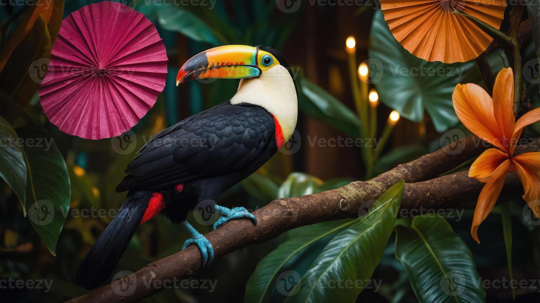A vibrant toucan perched on a branch amidst colorful tropical decorations. photo