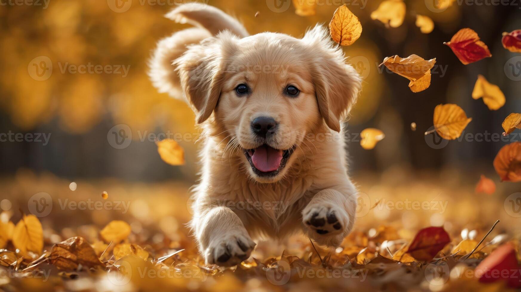 A playful golden retriever puppy running through colorful autumn leaves. photo