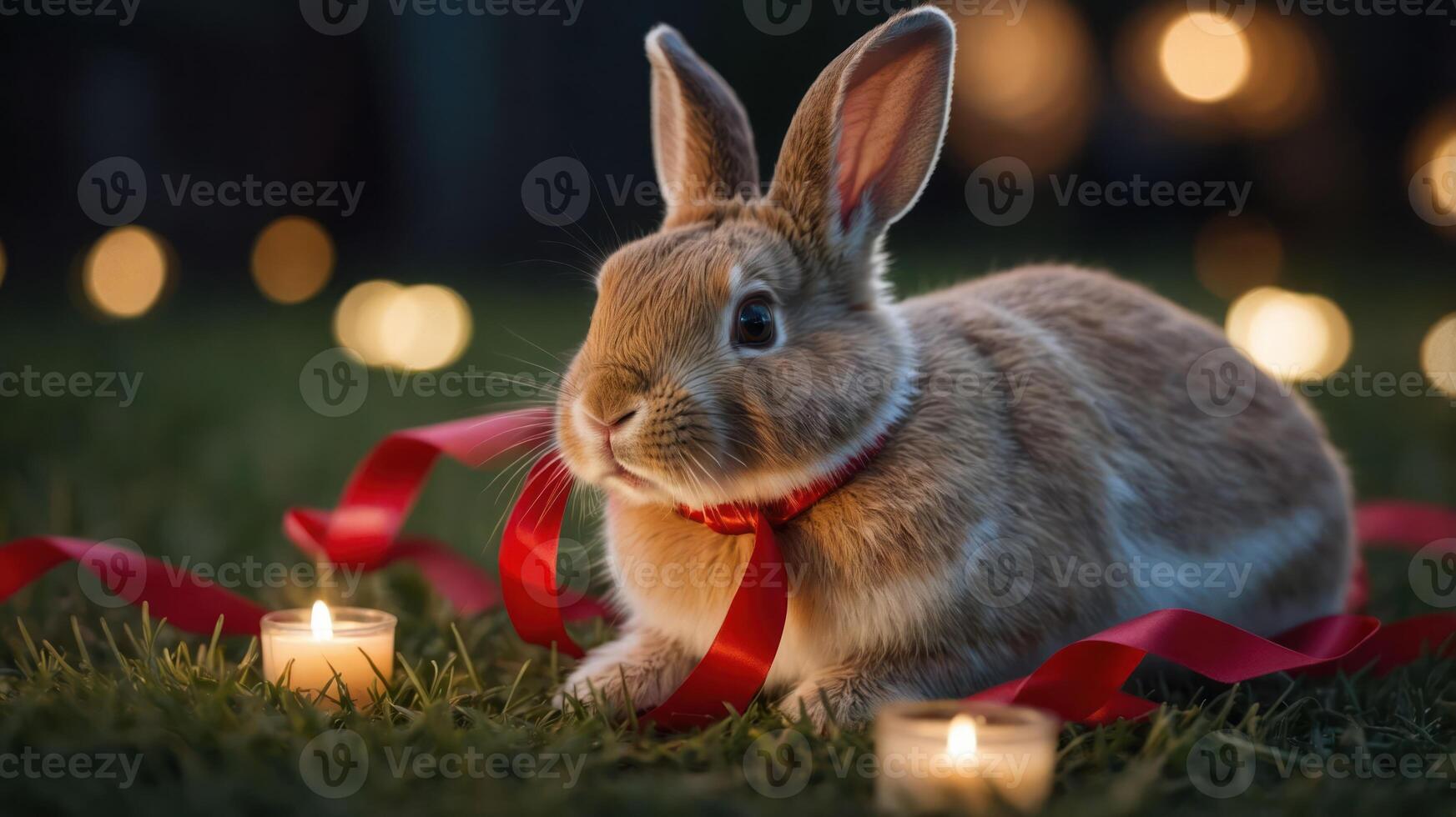 A rabbit adorned with a ribbon sits among candles in a serene outdoor setting. photo