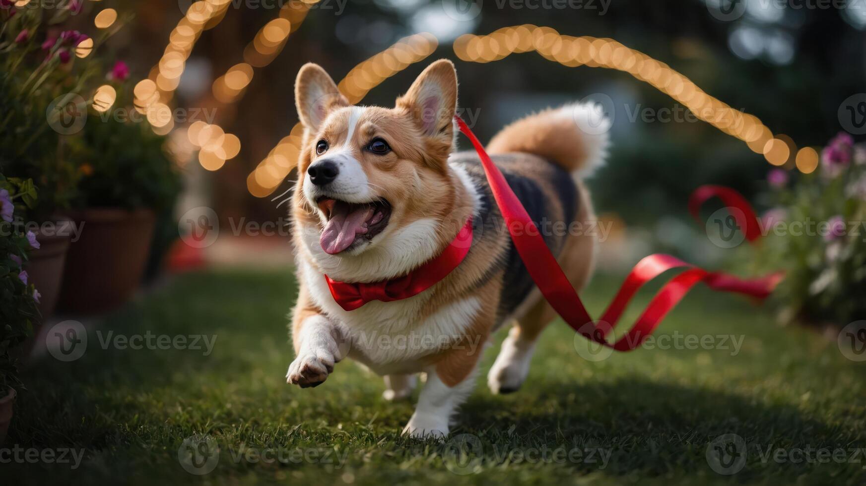 A playful corgi runs joyfully with a red ribbon in a garden adorned with lights. photo