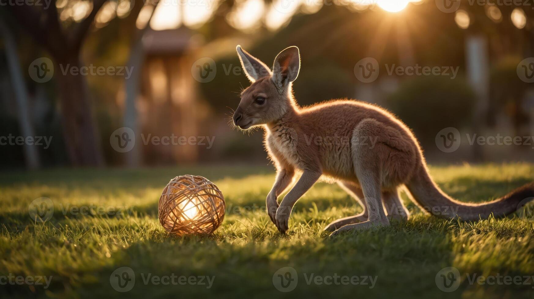 A young kangaroo plays with a glowing orb during sunset in a serene outdoor setting. photo