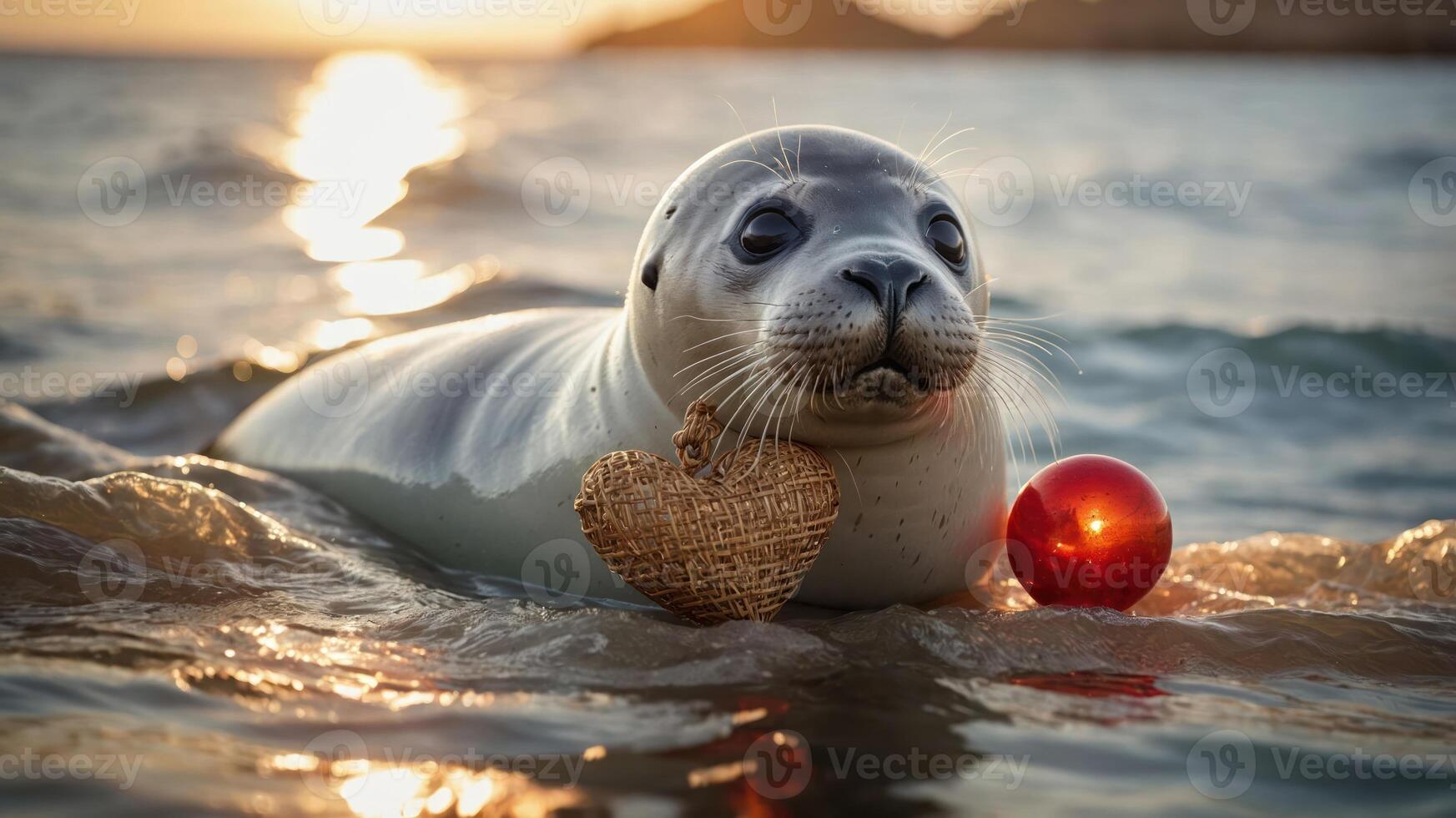 A seal floating in water with a heart-shaped decoration and a red ball at sunset. photo