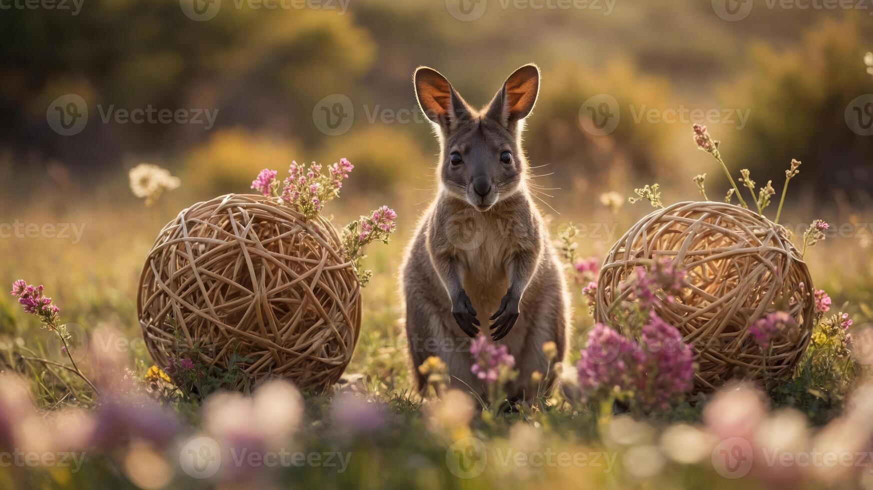 A kangaroo stands between two decorative woven spheres in a flower-filled meadow. photo