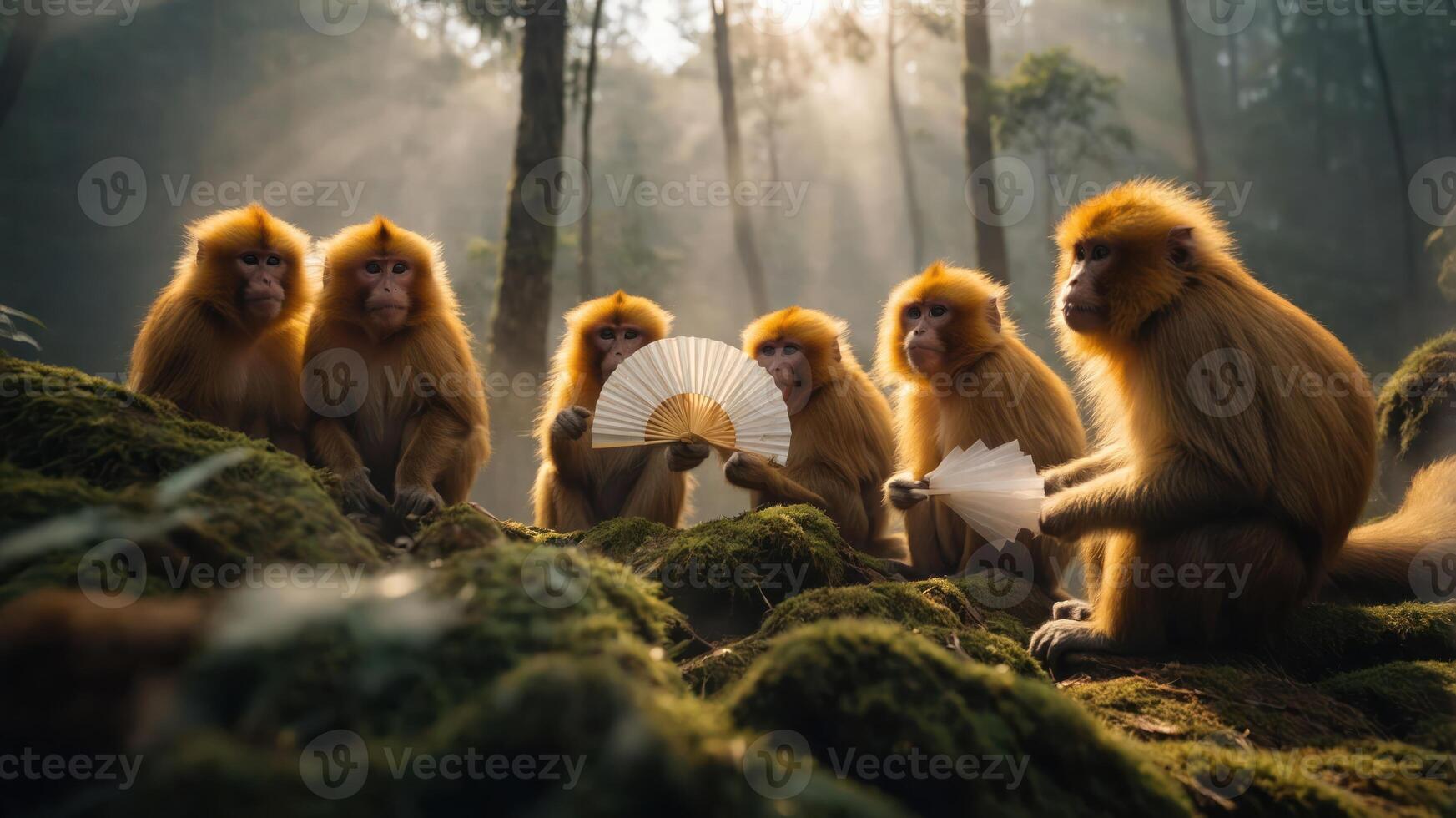 A group of monkeys holding fans in a misty forest, creating a whimsical atmosphere. photo