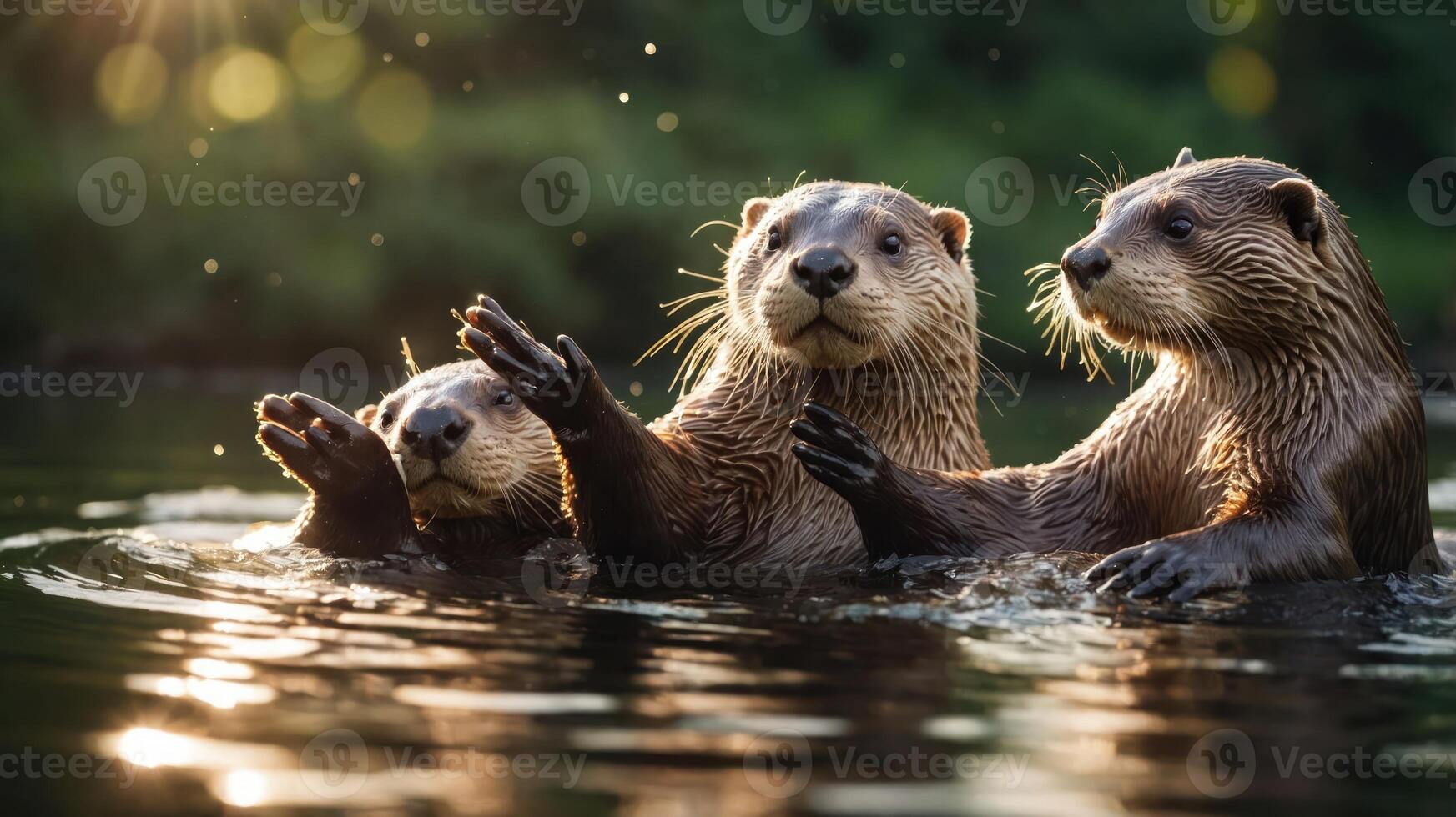 Three playful otters swimming together in a sunlit water setting. photo