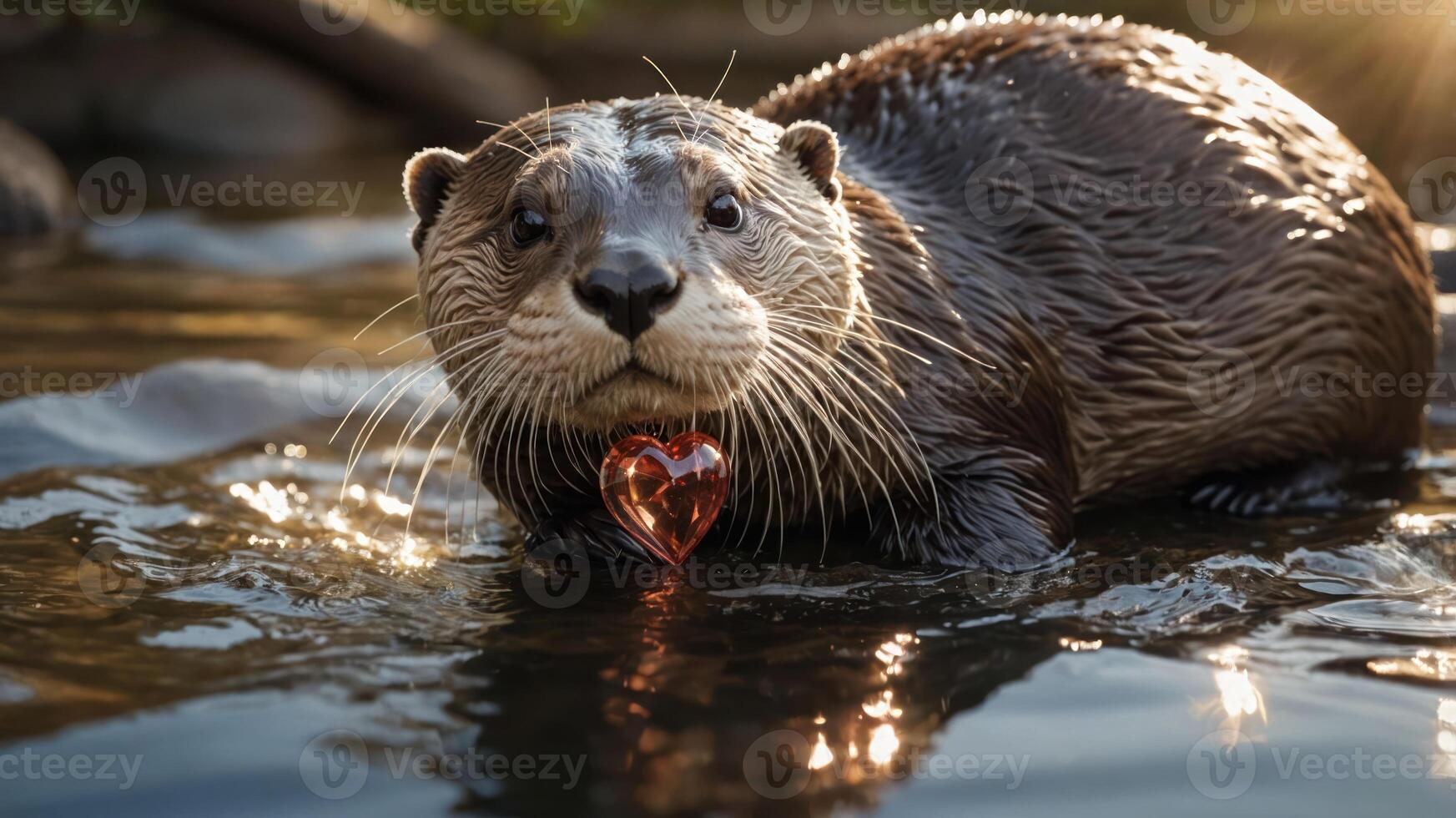 An otter holds a heart-shaped object while swimming in a sunlit water setting. photo