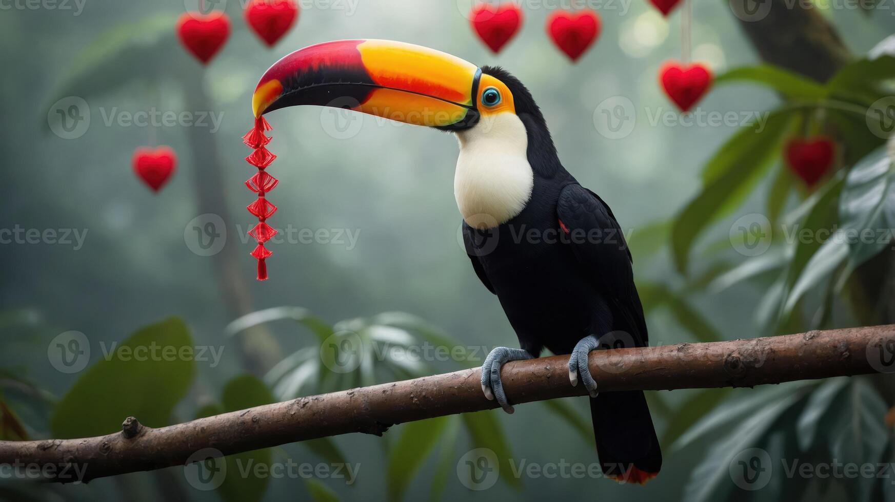 A toucan perched on a branch with heart decorations in a misty jungle setting. photo