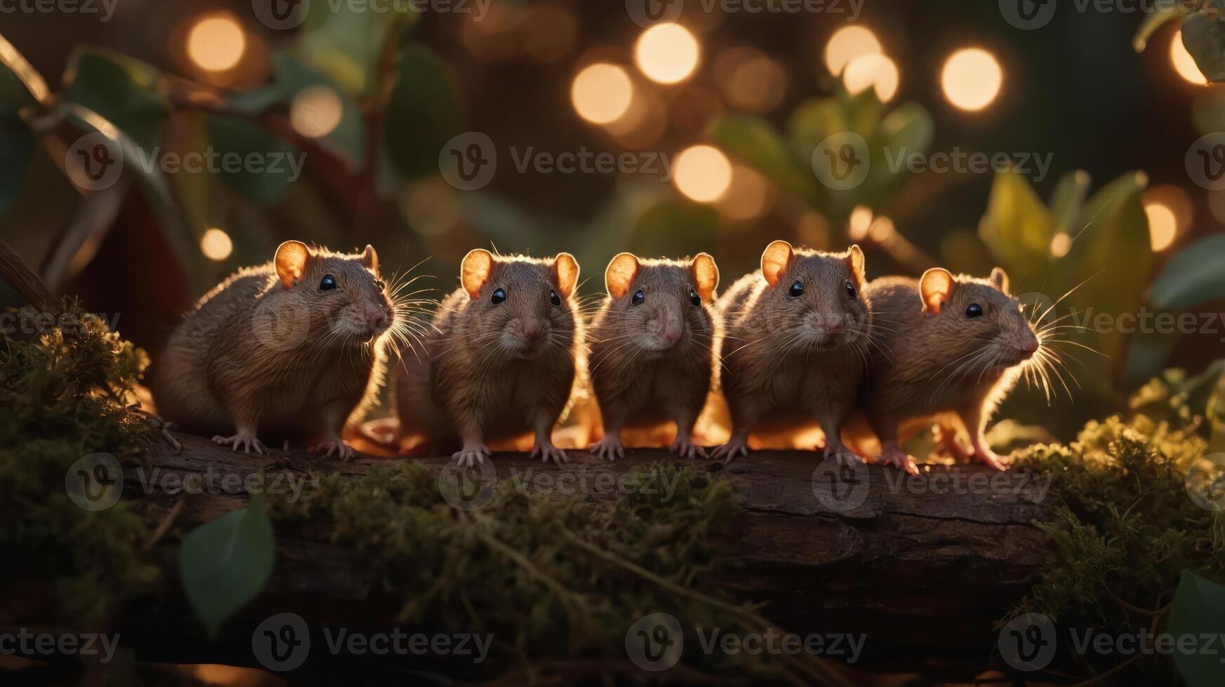 Five small rodents perched on a log, surrounded by soft lighting and greenery. photo