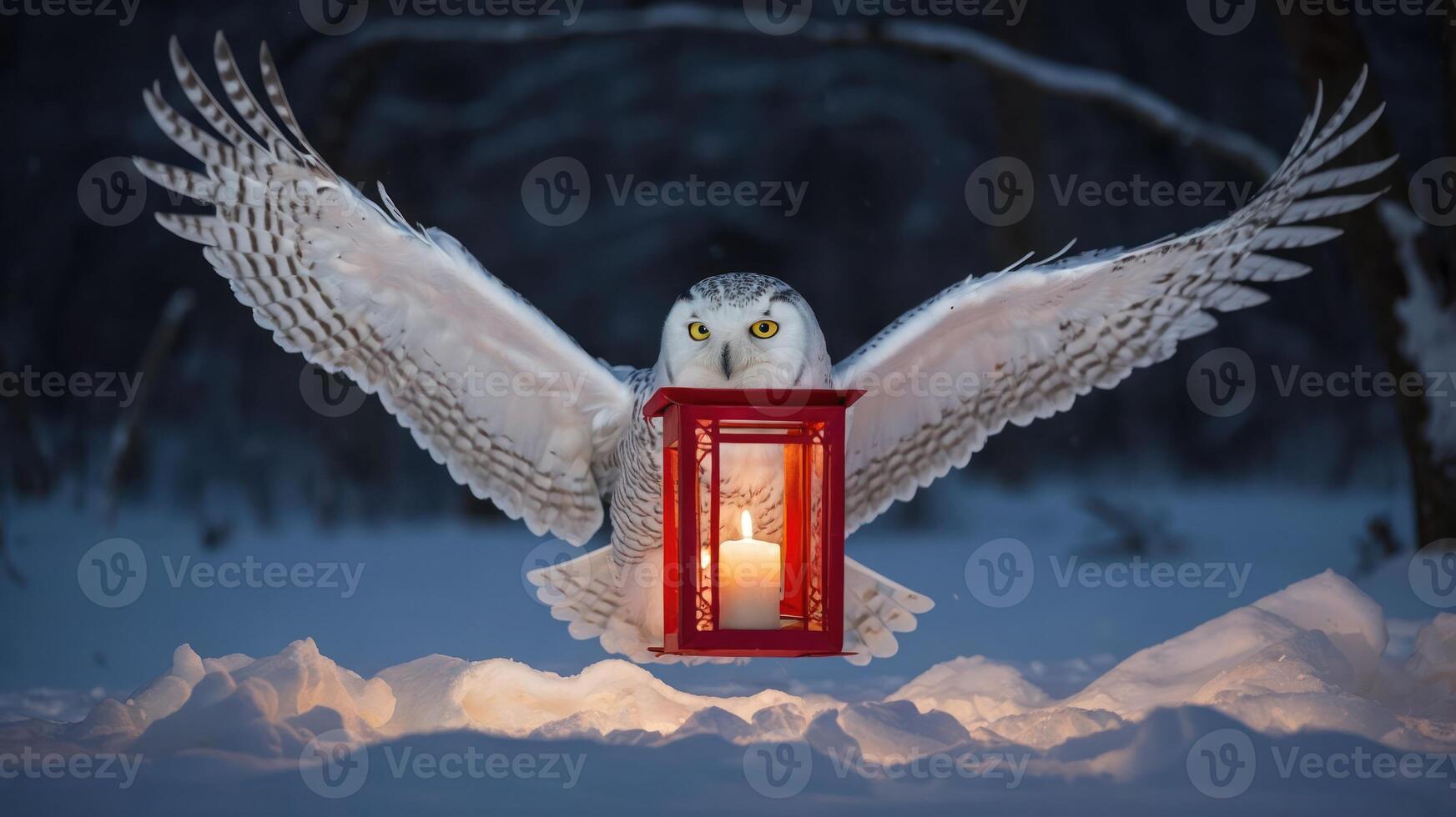 A snowy owl with outstretched wings holds a lantern in a winter landscape. photo