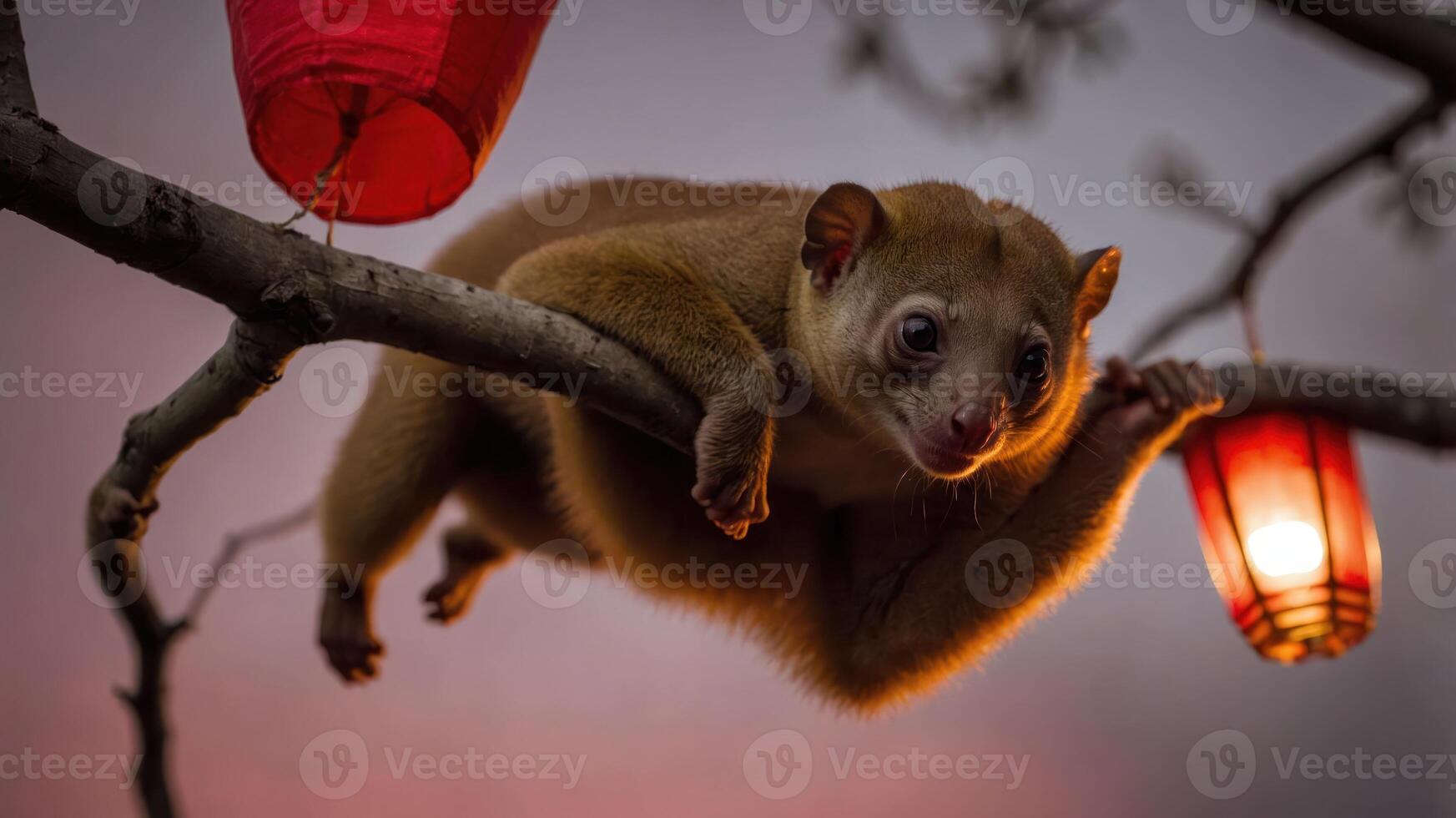A close-up of a glider hanging on a branch with lanterns in a twilight setting. photo