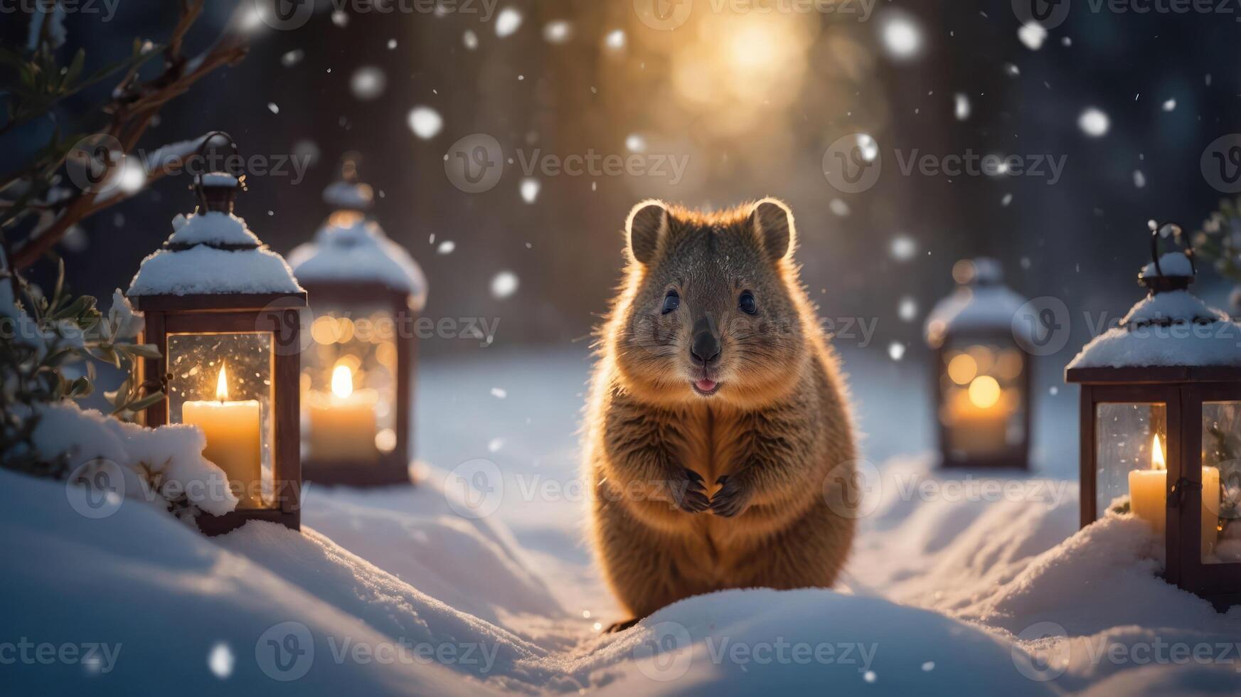 A cute animal in a snowy landscape, surrounded by lanterns and candles, creating a cozy atmosphere. photo
