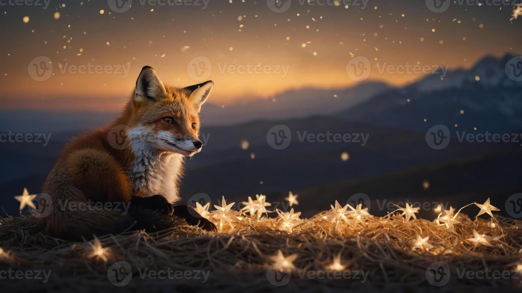 A serene fox sits among glowing stars at sunset, creating a magical atmosphere. photo