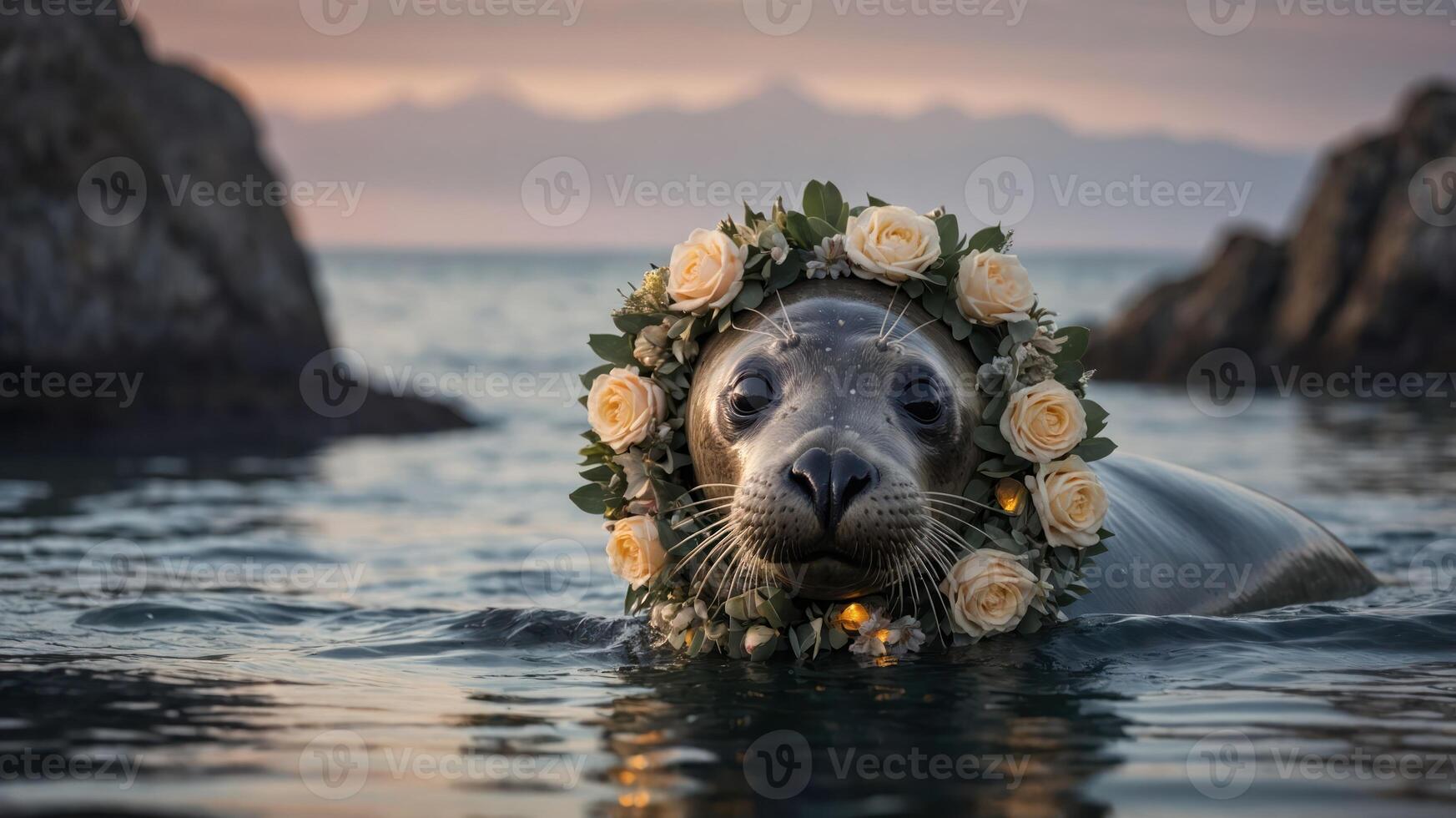 A seal adorned with a floral crown swims in serene waters at sunset. photo