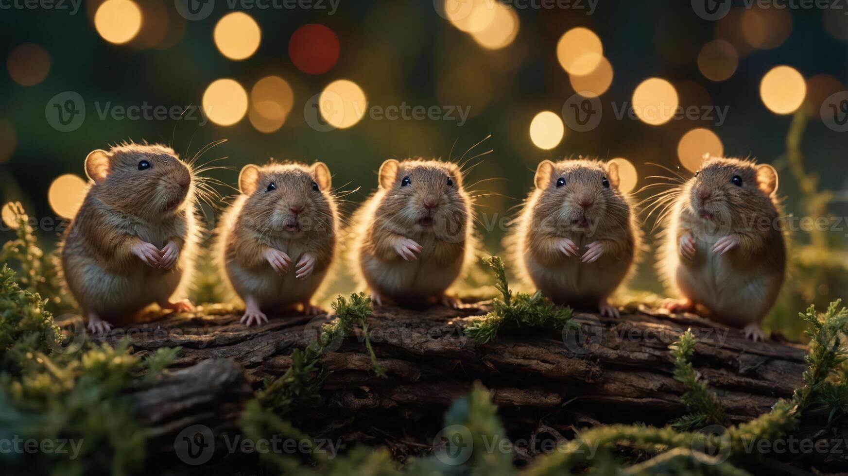 Five adorable hamsters posed on a log with a bokeh background. photo