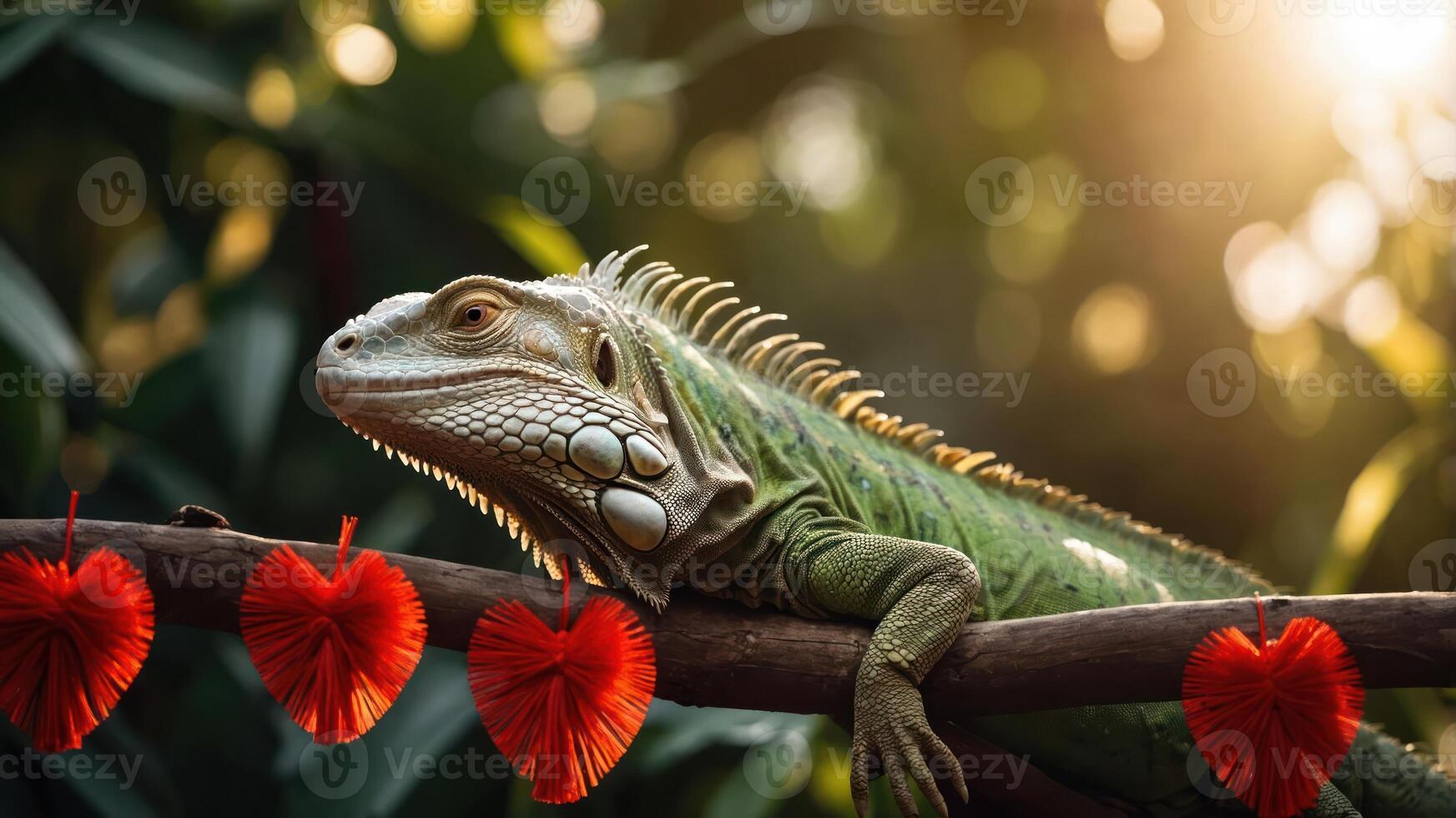 A green iguana resting on a branch adorned with red heart decorations in a lush setting. photo