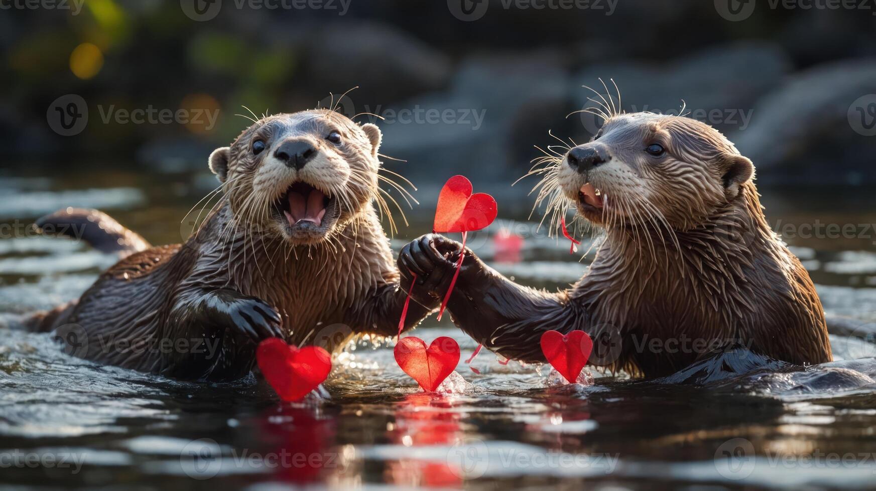 Two playful otters holding red heart decorations in a serene water setting. photo