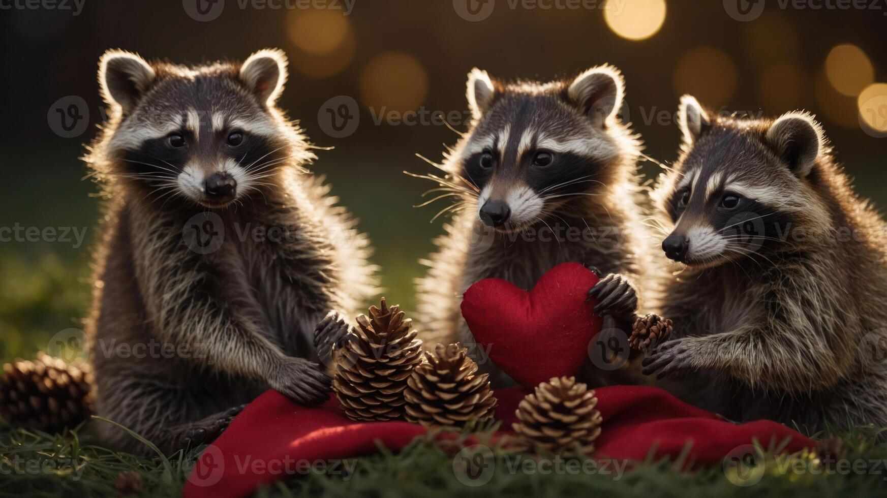 Three raccoons gather around a red heart and pinecones, creating a charming, festive scene. photo