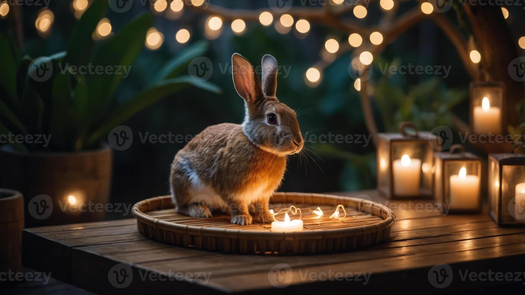 A serene rabbit sits on a wooden tray surrounded by candles and soft lighting. photo