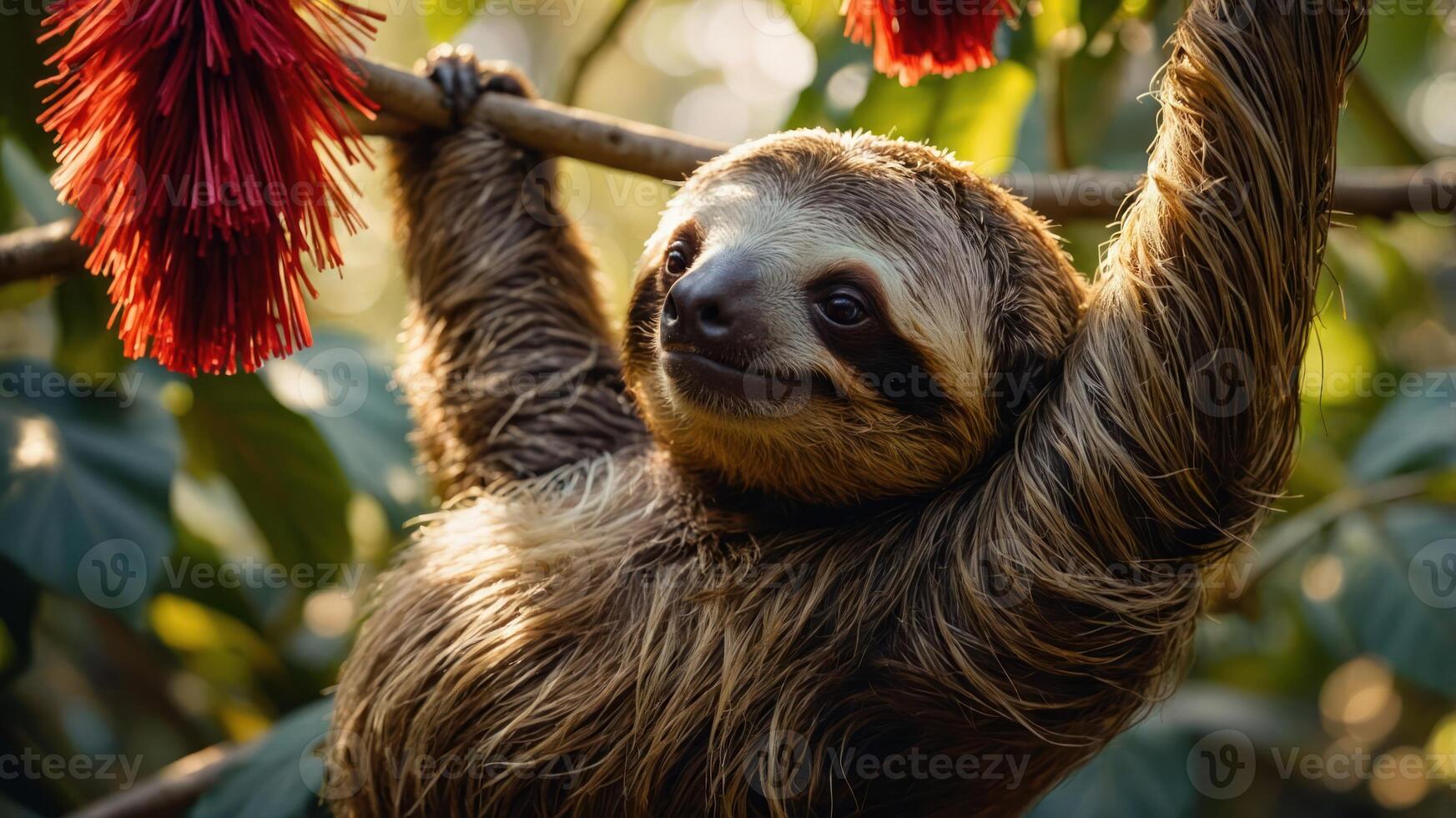 A sloth hanging from a branch surrounded by vibrant red flowers in a lush environment. photo