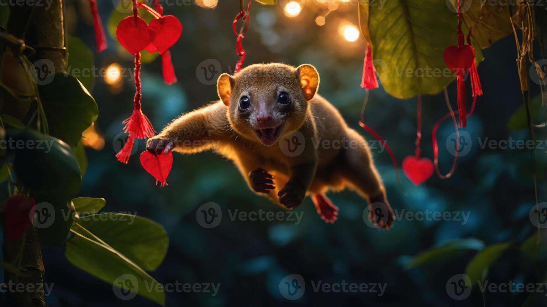 A playful animal leaps amidst heart decorations in a vibrant, enchanting setting. photo