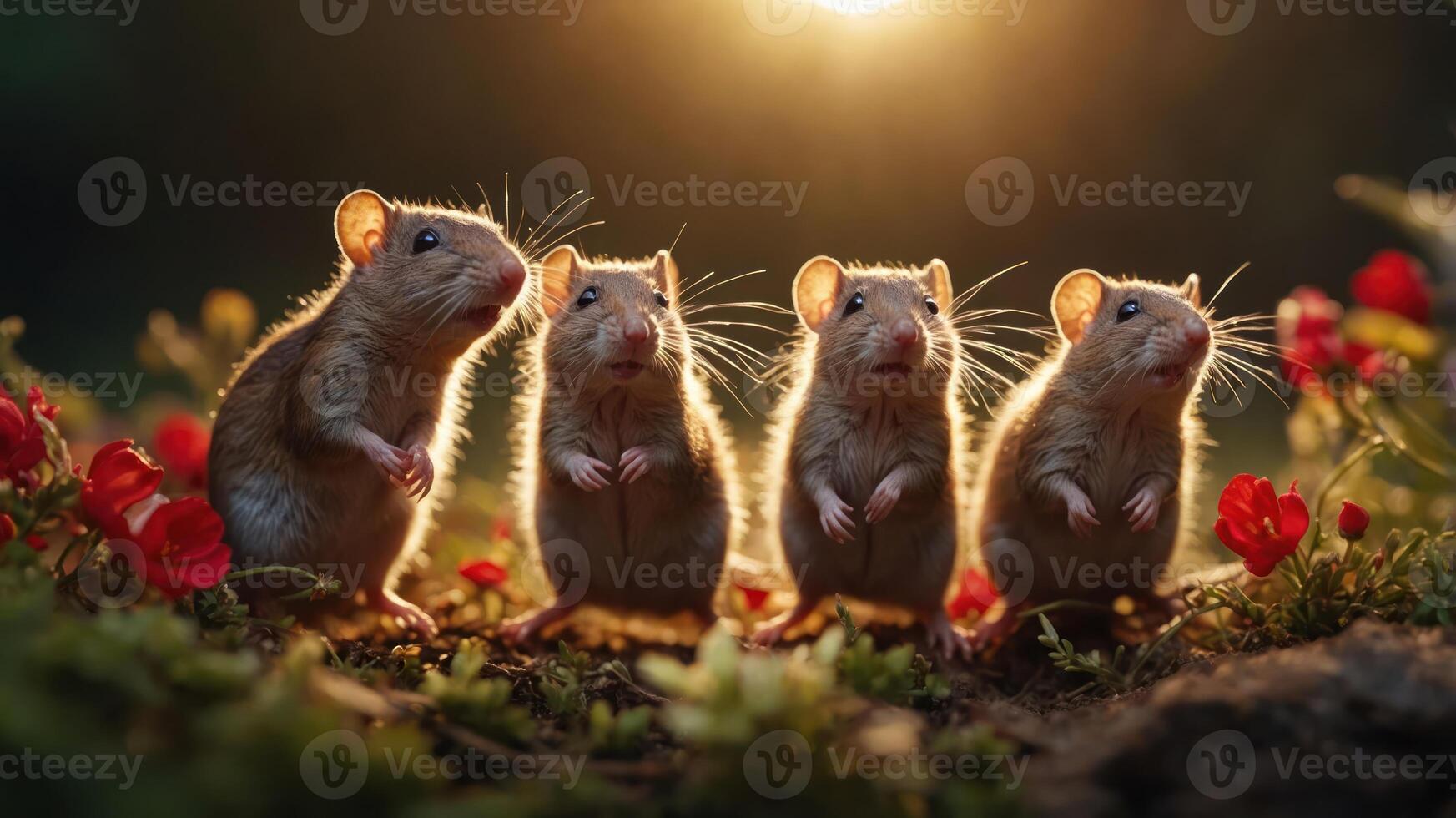 Four adorable mice standing together in a flower-filled setting during sunset. photo