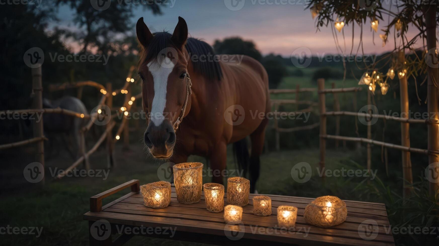 A serene evening scene featuring a horse near glowing lanterns on a rustic wooden table. photo