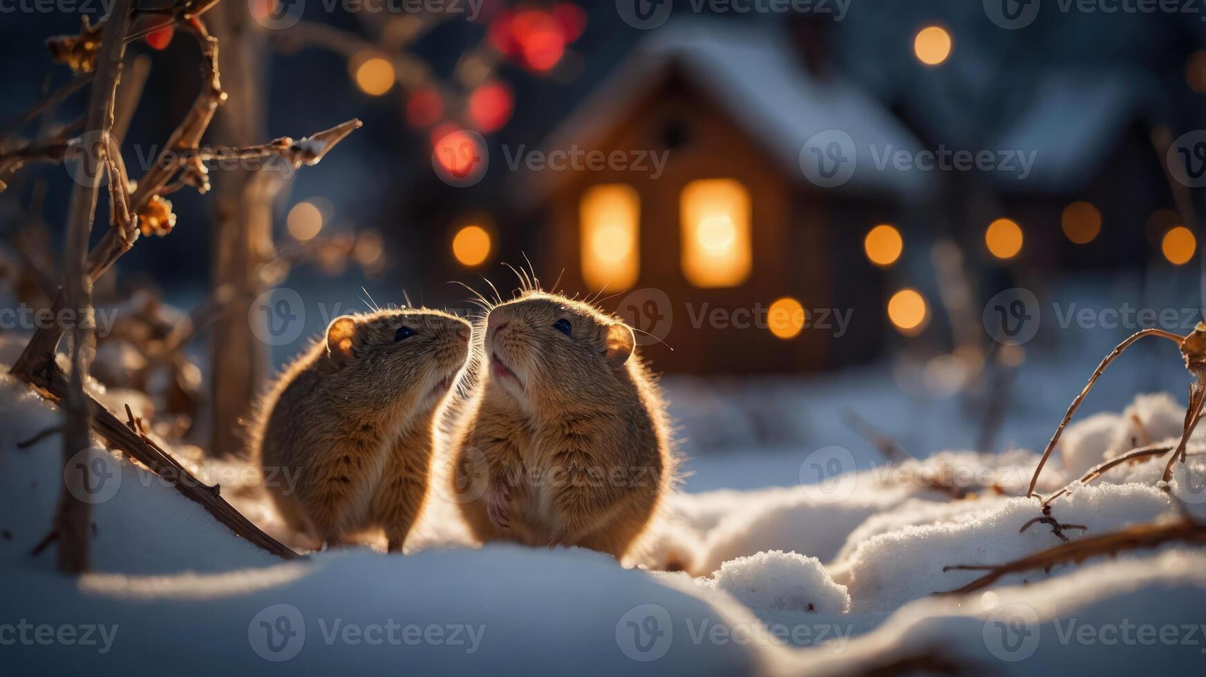 Two adorable mice in the snow, with a cozy cabin glowing in the background. photo