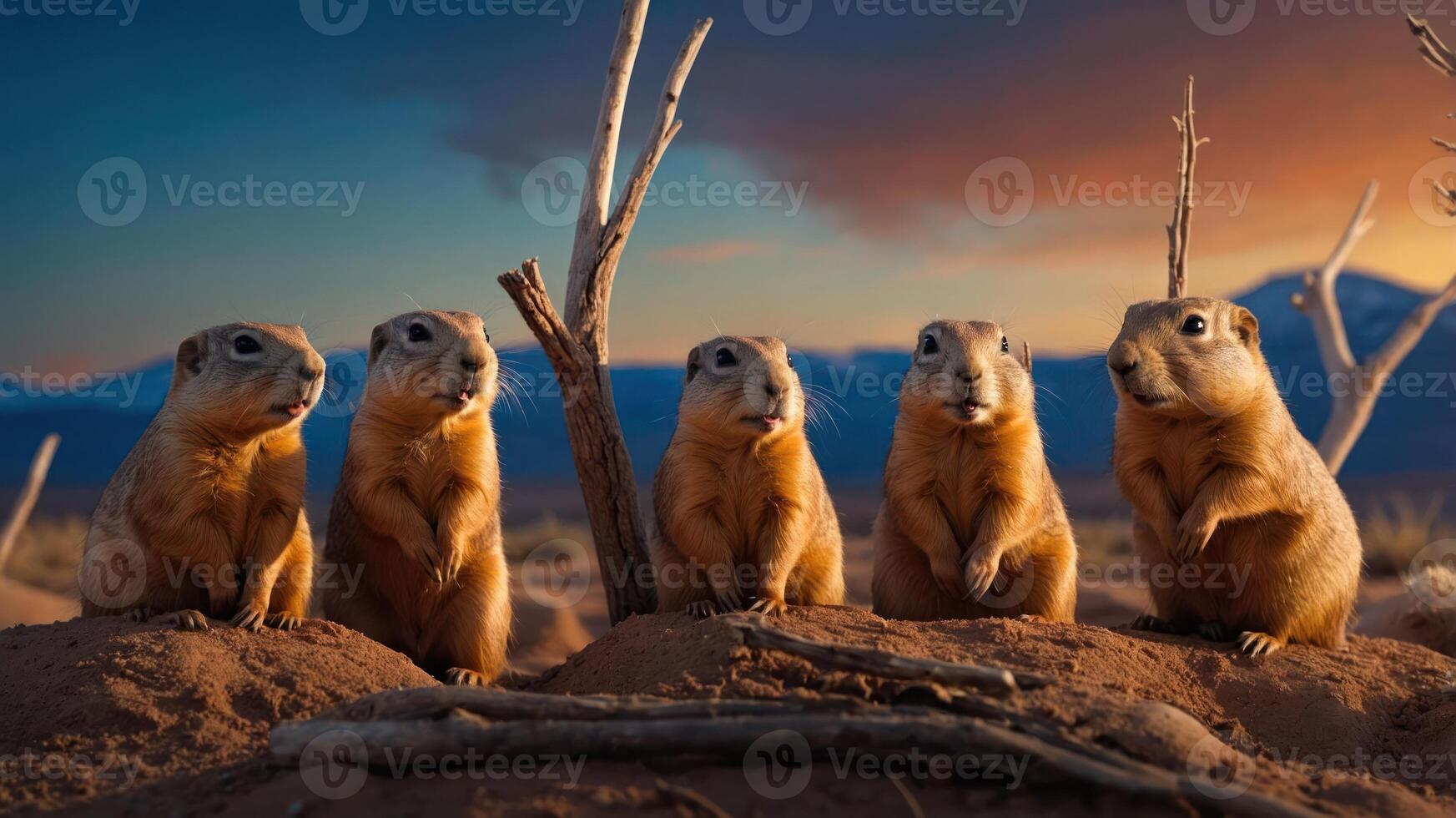 Five prairie dogs standing on mounds against a colorful sunset backdrop. photo