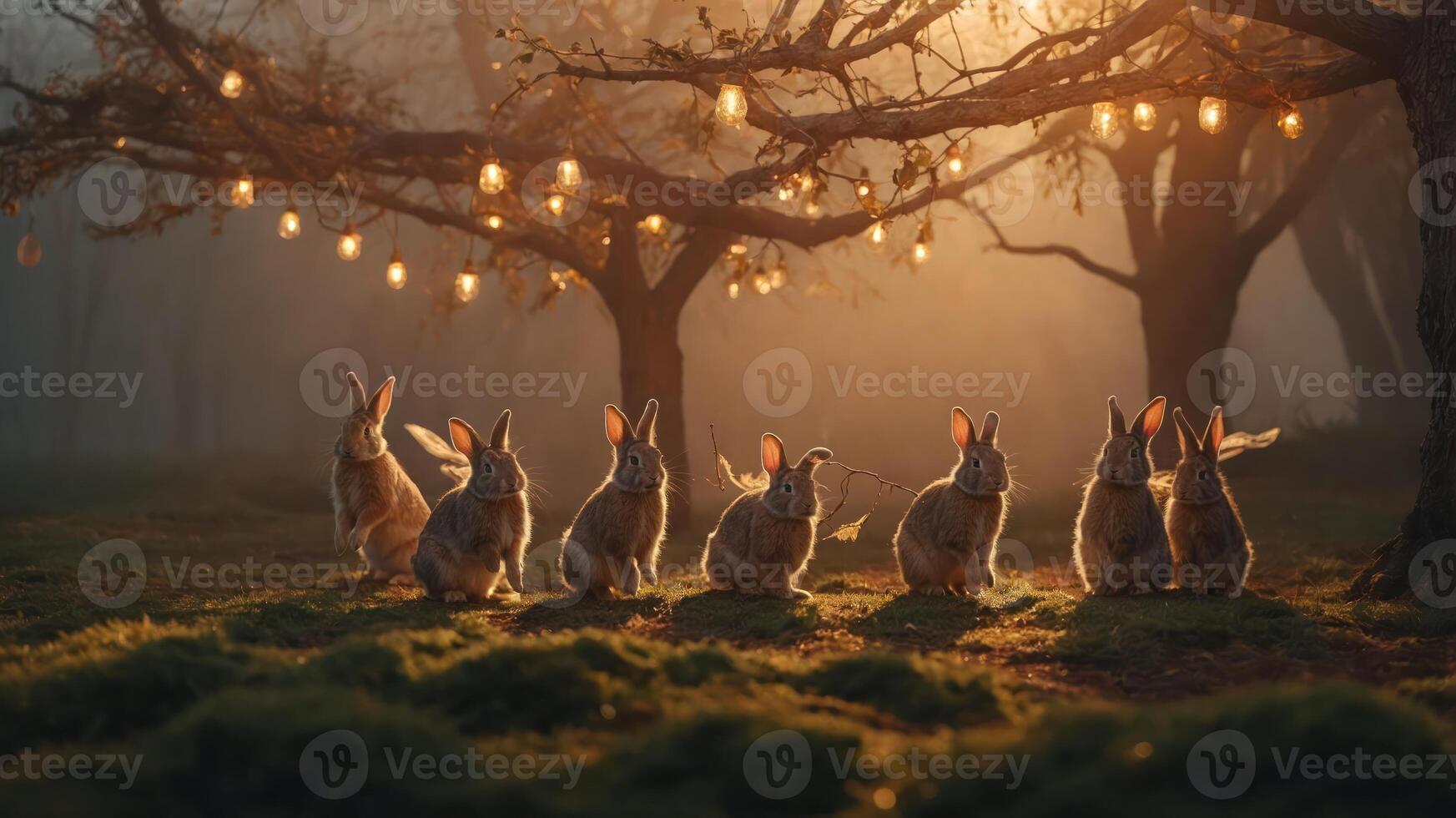 A serene scene of rabbits gathered under glowing trees at dusk. photo