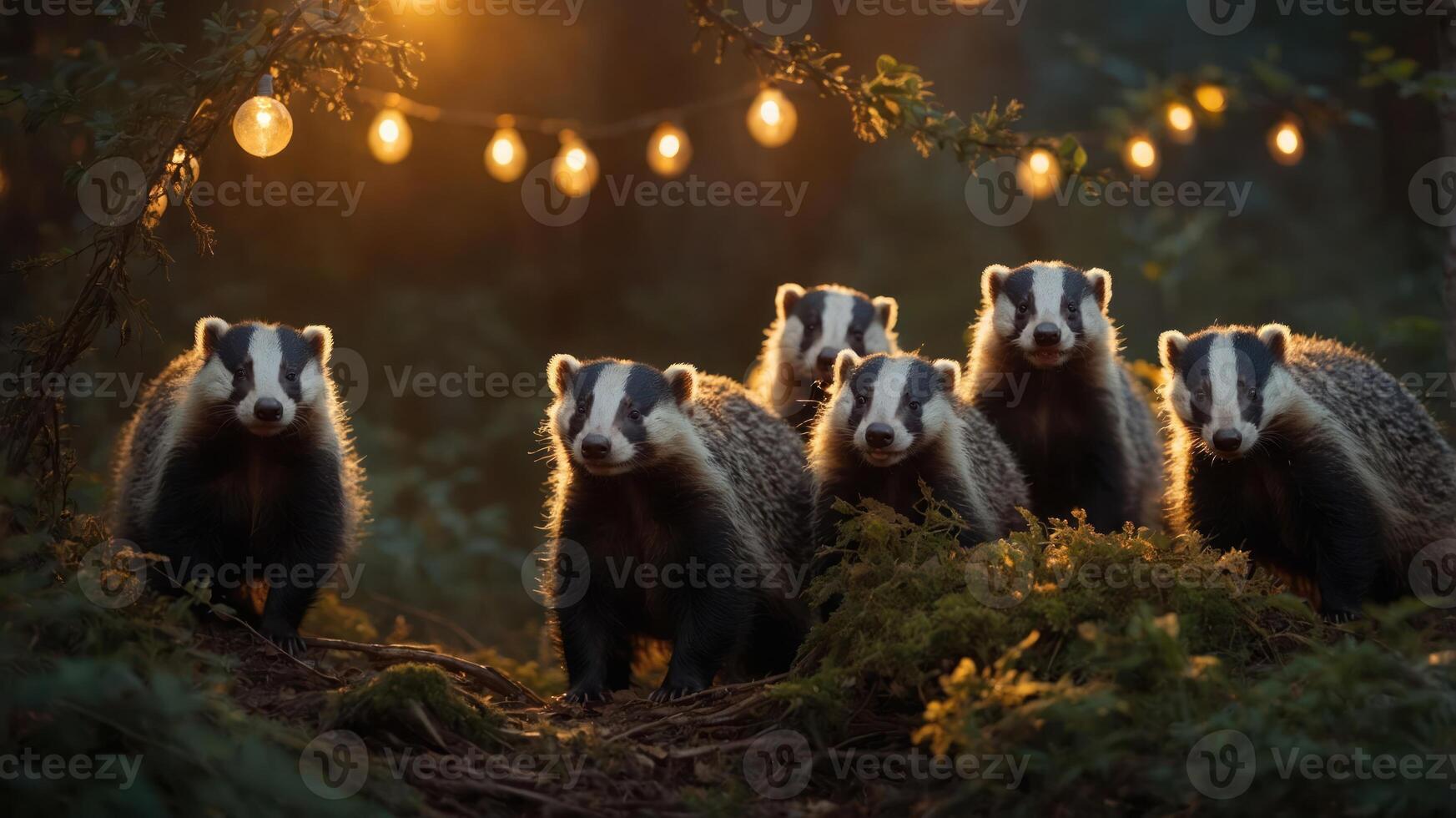 A group of badgers illuminated by warm lights in a forest setting. photo