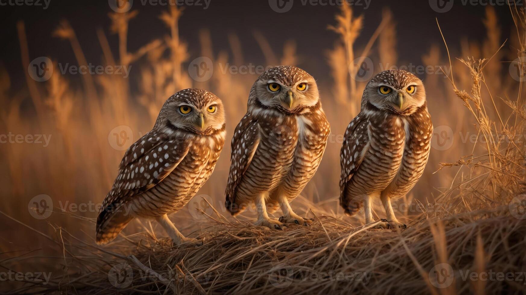 Three owls standing together in a golden grass setting during sunset. photo