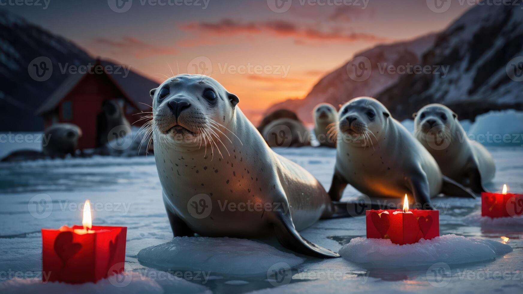 Seals surrounded by candles on ice at sunset, creating a serene and festive atmosphere. photo