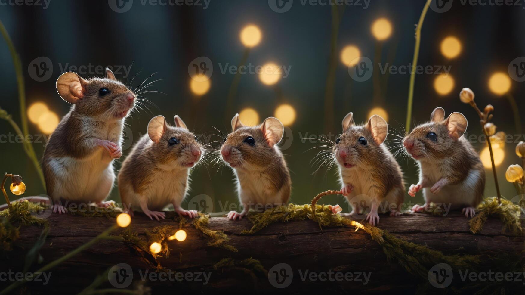 Five adorable mice sitting on a log surrounded by glowing lights in a whimsical forest setting. photo