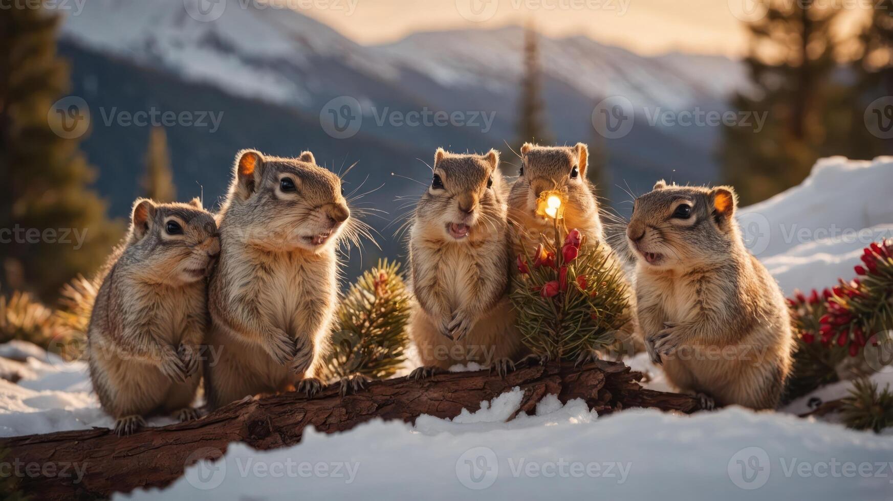 A group of five squirrels gathered on a log in a snowy landscape during sunset. photo