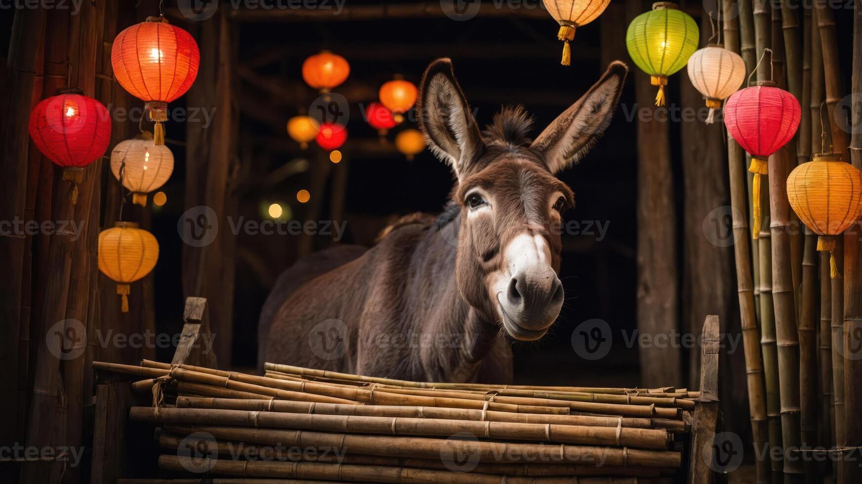 A donkey stands in a bamboo structure adorned with colorful lanterns. photo